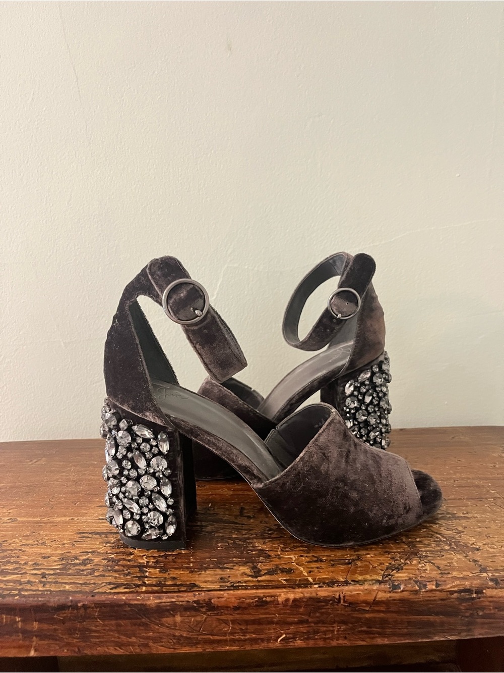Joie Lafayette Gray Velvet Jeweled Block Heel Sandals